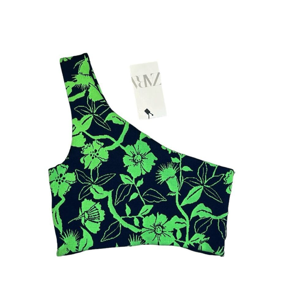 ZARA One Shoulder Floral Knit Crop Top Navy Green Quiet Luxury Capri Riviera NWT - Picture 6 of 9